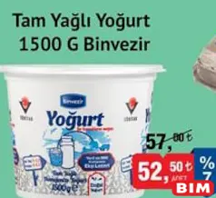 BİNVEZİR TAM YAĞLI YOĞURT 1500 G